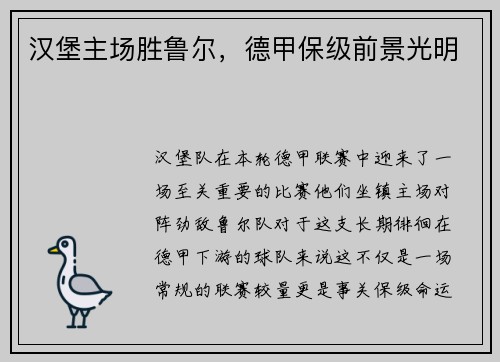 汉堡主场胜鲁尔，德甲保级前景光明